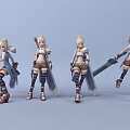 Game Anime Blonde Female Character With Multiple Poses Blue White Outfit And Sword
