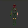 Red Helmet Robot Figure With Dark Torso Red Arm Bands Green Legs And Orange Joints