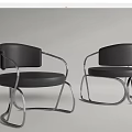 Pair of Modern Black Leisure Chairs with Curved Metal Frame and Leather Seats