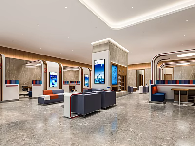 Modern Service Hall With Open Layout Waiting Area Information Screens And Marble Flooring 3d model
