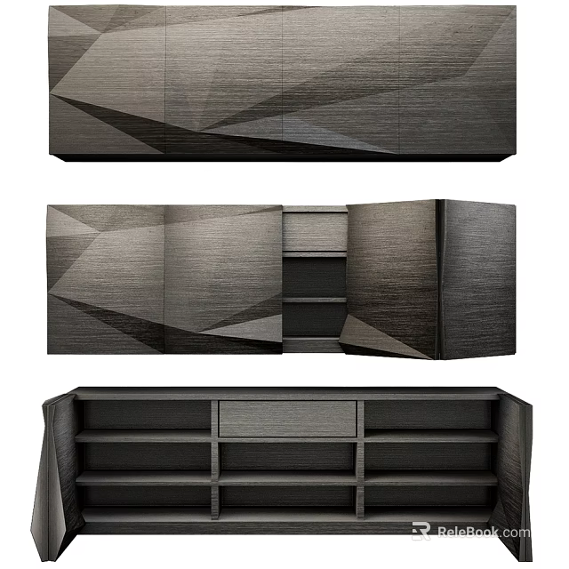 Modern TV Stand With Geometric Pattern Dark Wood Storage Shelves And Cabinets 3d model 
