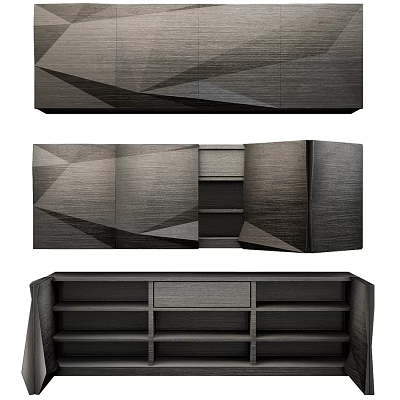 Modern TV Stand With Geometric Pattern Dark Wood Storage Shelves And Cabinets 3d model