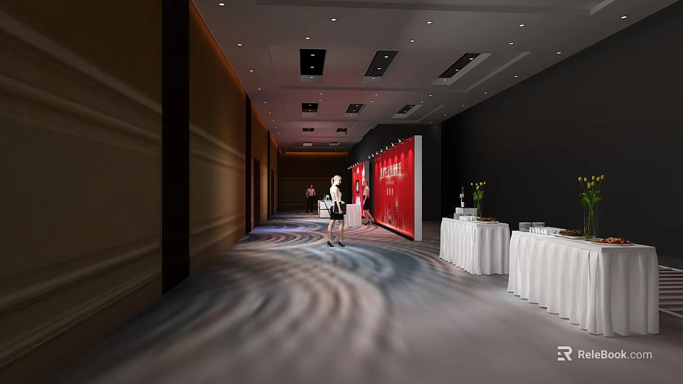 Interactive Area Corridor With Red Backdrop White Tablecloth Tables And Wavy Pattern Carpet 3d model
