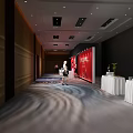 Interactive Area Corridor With Red Backdrop White Tablecloth Tables And Wavy Pattern Carpet 3d model