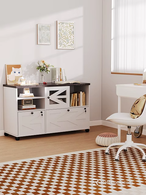 Modern White And Dark Console Cabinet With Drawers Open Shelves And Decorative Books Vase 3d model 