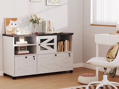 Modern White And Dark Console Cabinet With Drawers Open Shelves And Decorative Books Vase 3d model