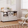 Modern White And Dark Console Cabinet With Drawers Open Shelves And Decorative Books Vase