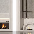 Modern White Fireplace with Burning Flames and Metal Grid Arched Design 3d model