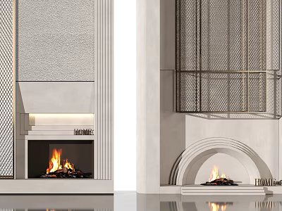 Modern White Fireplace with Burning Flames and Metal Grid Arched Design 3d model