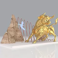 Golden Bull Sculpture With Rock Formations Cloud Decor And Red Arch