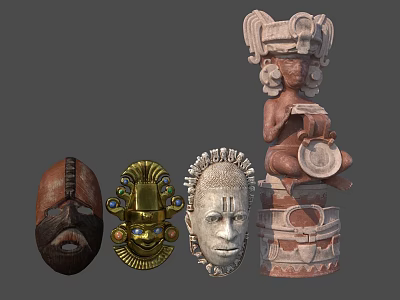 Vintage Artistic Decorative Ornament Set With Carved Masks Statues And Ornate Heads 3d model