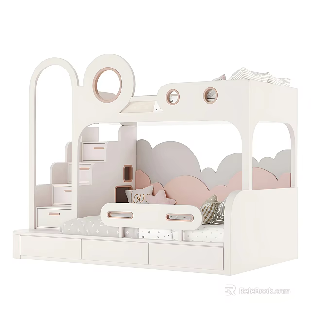 White Kids Bunk Bed With Cloud Decorations Arched Design And Storage Stairs 3d model 