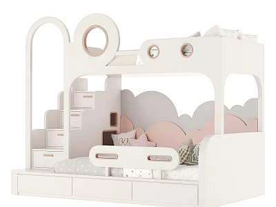 White Kids Bunk Bed With Cloud Decorations Arched Design And Storage Stairs 3d model