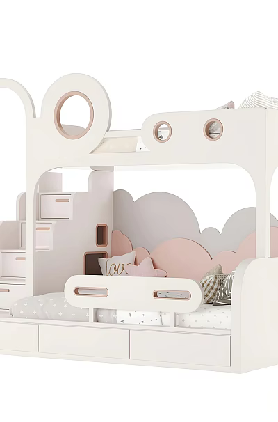 White Kids Bunk Bed With Cloud Decorations Arched Design And Storage Stairs 3d model