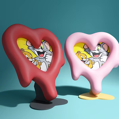 Red and Pink Heart Shaped Photo Frames with Tom and Jerry Prints on Stands 3d model