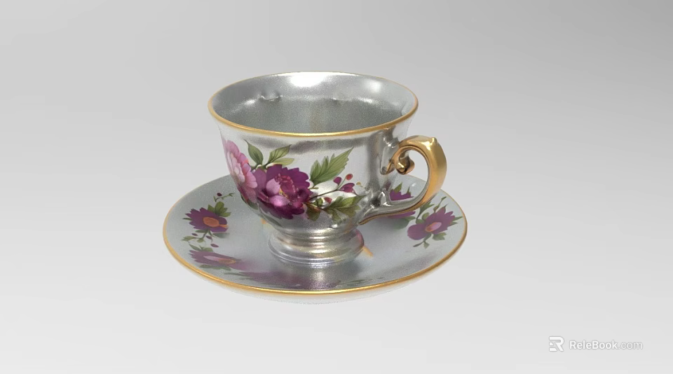 Vintage Porcelain Teacup And Saucer Set With Floral Pattern And Gold Trim 3d model 