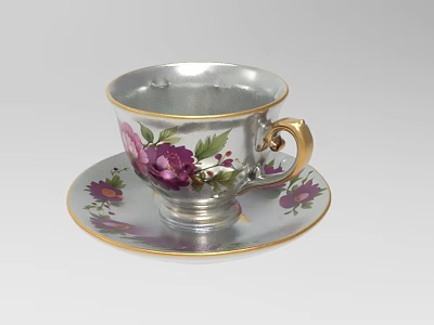 Vintage Porcelain Teacup And Saucer Set With Floral Pattern And Gold Trim 3d model