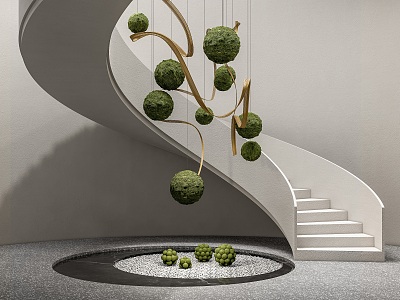 Modern revolving staircase green plant sculpture moss ball model