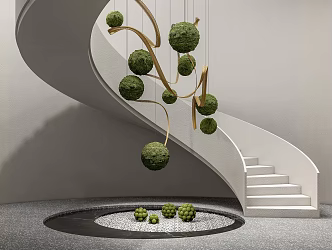 Modern revolving staircase green plant sculpture moss ball 3d model