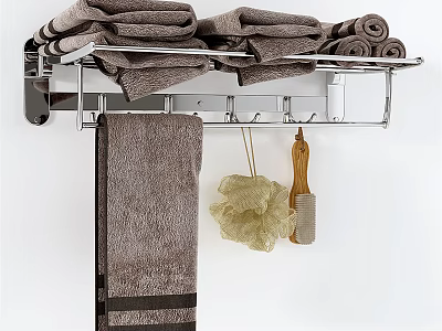 Bathroom Wall Mounted Shelf With Rolled Towels Hanging Towel And Accessories 3d model