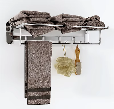 Bathroom Wall Mounted Shelf With Rolled Towels Hanging Towel And Accessories 3d model