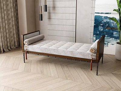 Elegant Modern Daybed With Wooden Frame Upholstered Cushion Herringbone Flooring And Wall Decor 3d model