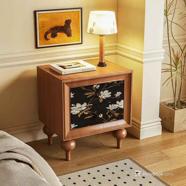 Wooden Bedside Table With Floral Pattern Drawer Lamp And Book Near Plant 3d model 