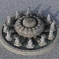 Elegant Garden Ornament Fountain with Surrounding White Statues and Central Green Top