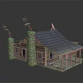 Log Cabin With Stone Chimneys Smoke Rising Blue Tiled Roof And Wooden Porch With Columns