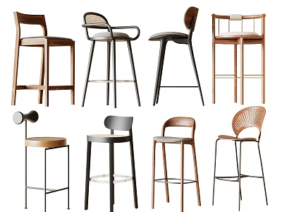 Various Modern Bar Stools With Wooden Metal Frames And Stylish Backrest Designs 3d model