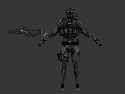 Sci Fi Game Movie Character With Tactical Armor Blue Luminous Helmet And Weapon 3d model