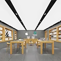 Modern Digital Store Interior With Wooden Shelves Display Tables And Apple Logo
