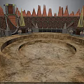 Circular Arena Building With Red Spiked Roofs Chains And Stone Ground 3d model