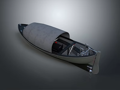Modern Wooden Boat With Gray Canopy Dark Hull And Interior Seating Structure 3d model