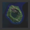 Volcanic Island Terrain With Central Crater Lake And Lush Green Vegetation Surrounded By Blue Ocean