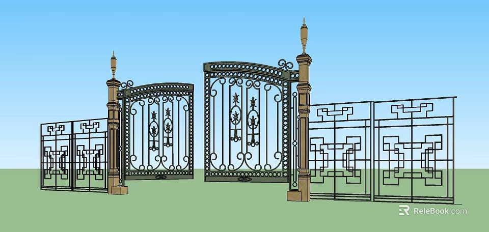 Classic Ornate Iron Entrance Gate With Decorative Patterns And Pillar Fences 3d model 