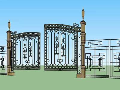 Classic Ornate Iron Entrance Gate With Decorative Patterns And Pillar Fences 3d model