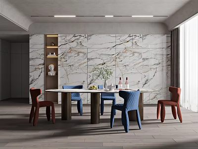 Modern Restaurant Interior With Marble Wall Dining Table Blue Red Chairs And Potted Plant 3d model