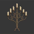 Vintage Metal Candelabra Featuring Intricate Scrollwork And Multiple Lit Candles