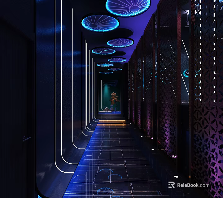 Modern Elevator Hallway Interior Design With Blue Lighting And Geometric Ceiling Decor 3d model 