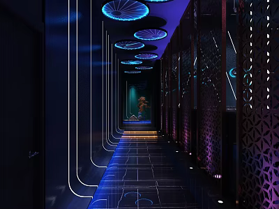 Modern Elevator Hallway Interior Design With Blue Lighting And Geometric Ceiling Decor 3d model