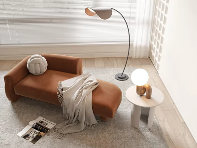 Stylish Brown Chaise Lounge With Gray Blanket Floor Lamp Side Table And Magazines On Rug 3d model