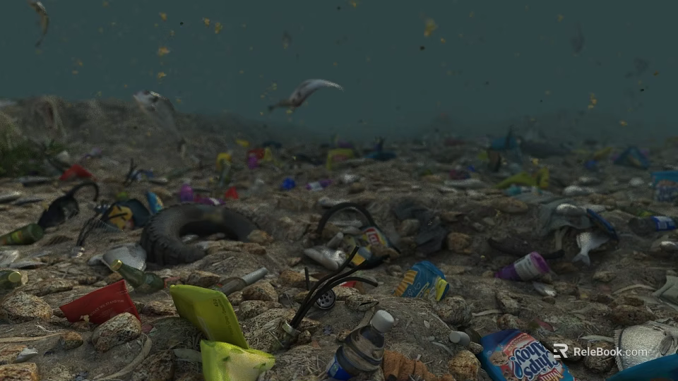 Underwater Marine Debris Scene With Plastic Bottles Tires And Various Trash 3d model 
