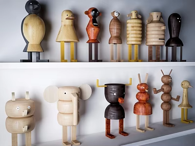 Colorful Wooden Dolls with Various Animal and Human Shapes on White Shelves 3d model