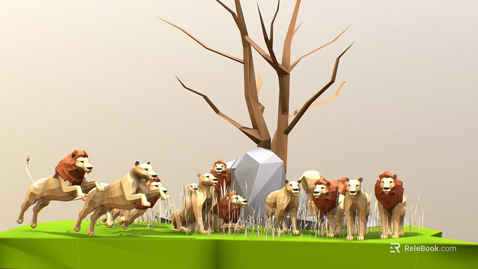 Group of Lions Gathered Around Stone Under Leafless Tree on Green Grass 3d model 