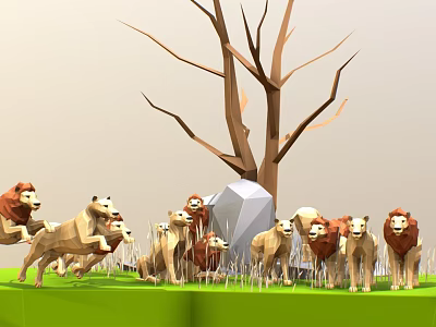 Group of Lions Gathered Around Stone Under Leafless Tree on Green Grass 3d model