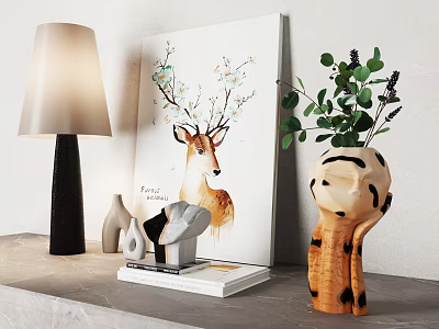 Decorative Ornament Set With Table Lamp Deer Painting Small Ornaments Wooden Vase And Green Plants 3d model