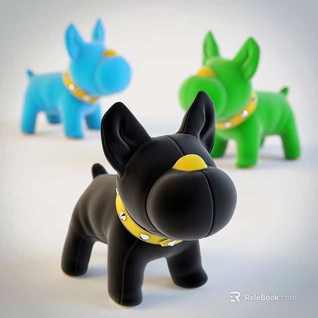 Colorful Stuffed Dog Toys Blue Green Black with Yellow Accent Collars Plush Figures 3d model 