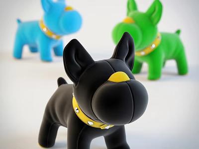 Colorful Stuffed Dog Toys Blue Green Black with Yellow Accent Collars Plush Figures 3d model