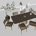 Modern Wooden Dining Table Set With Six Rattan Chairs And Green Plant Decor